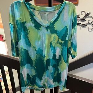 Zuda Teal and Lime Short Sleeve Top V-Neck #027